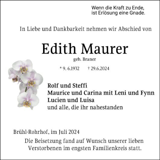 Traueranzeige von Edith Maurer von Schwetzinger Zeitung