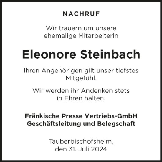 Traueranzeige von Eleonore Steinbach von Fränkische Nachrichten