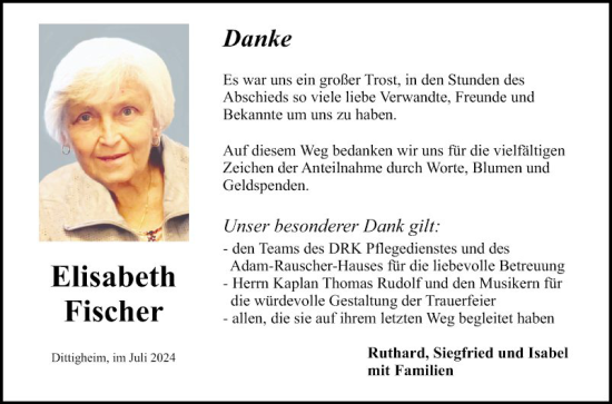 Traueranzeige von Elisabeth Fischer von Fränkische Nachrichten