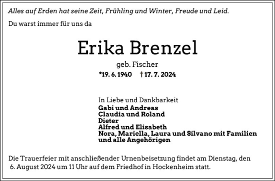 Traueranzeige von Erika Brenzel von Mannheimer Morgen