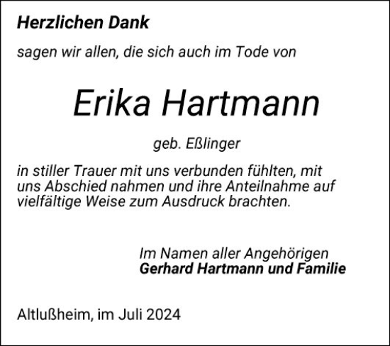 Traueranzeige von Erika Hartmann von Schwetzinger Zeitung