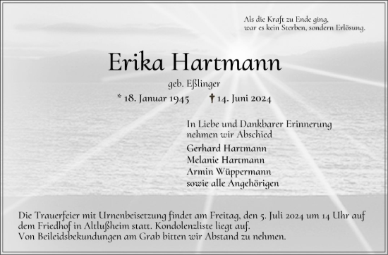 Traueranzeige von Erika Hartmann von Schwetzinger Zeitung