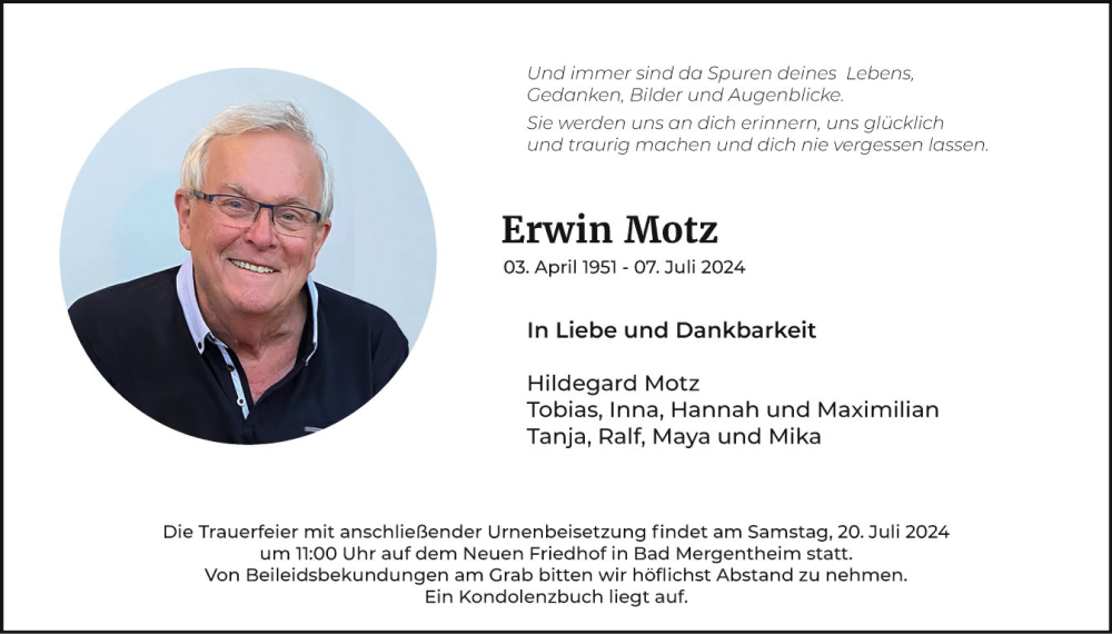  Traueranzeige für Erwin Motz vom 13.07.2024 aus Fränkische Nachrichten