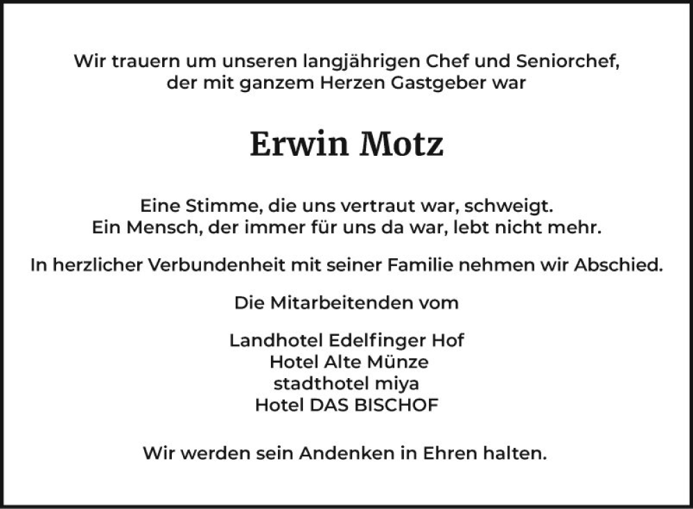  Traueranzeige für Erwin Motz vom 13.07.2024 aus Fränkische Nachrichten