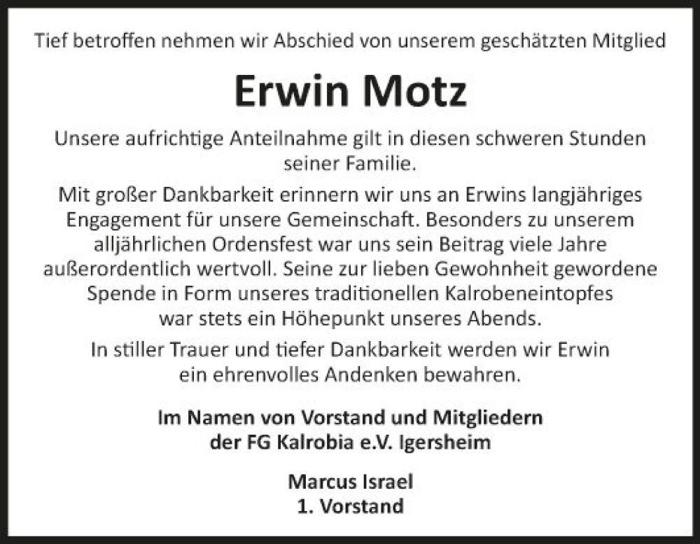  Traueranzeige für Erwin Motz vom 13.07.2024 aus Fränkische Nachrichten