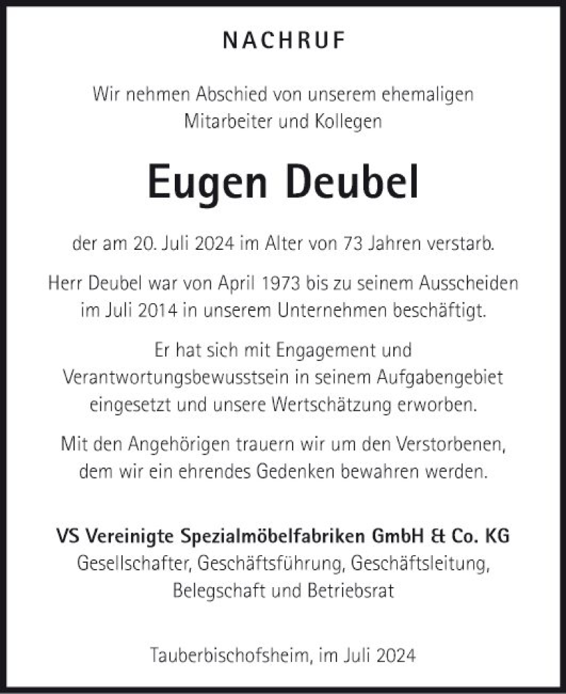  Traueranzeige für Eugen Deubel vom 24.07.2024 aus Fränkische Nachrichten