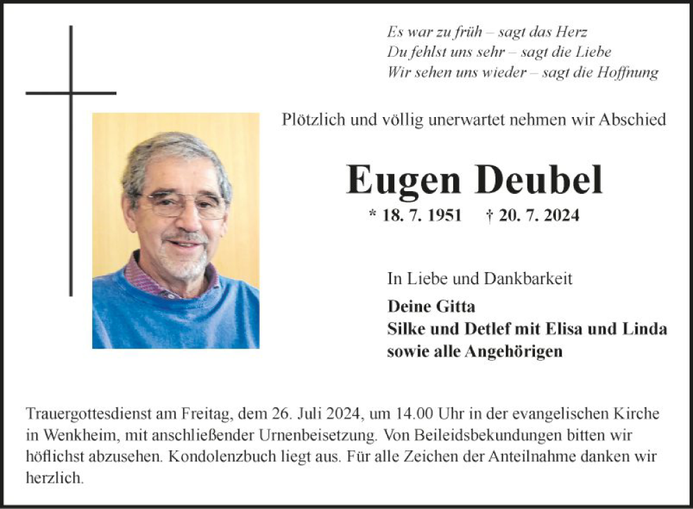  Traueranzeige für Eugen Deubel vom 24.07.2024 aus Fränkische Nachrichten