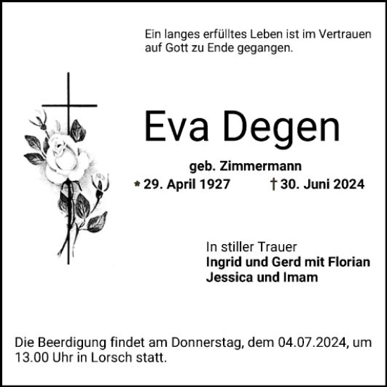 Traueranzeige von Eva Degen von Bergsträßer Anzeiger