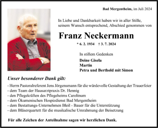 Traueranzeige von Franz Neckermann von Fränkische Nachrichten