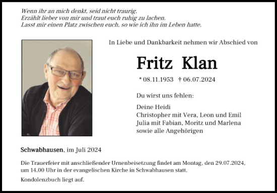 Traueranzeige von Fritz Klan von Fränkische Nachrichten