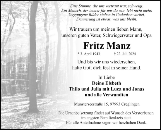 Traueranzeige von Fritz Manz von Fränkische Nachrichten