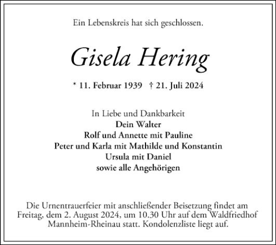 Traueranzeige von Gisela Hering von Mannheimer Morgen