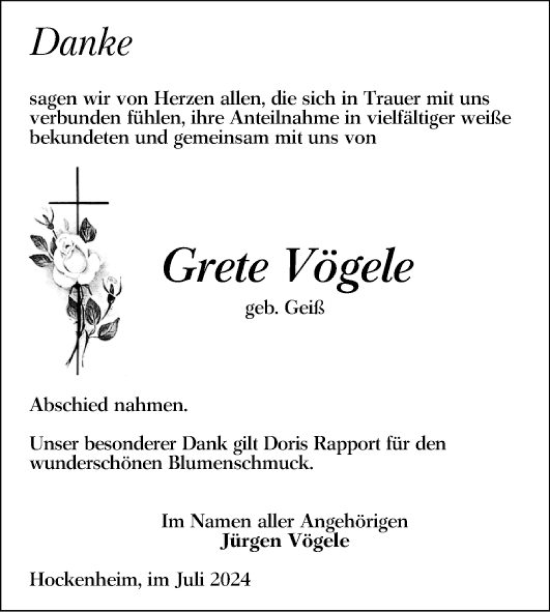 Traueranzeige von Grete Vögele von Schwetzinger Zeitung