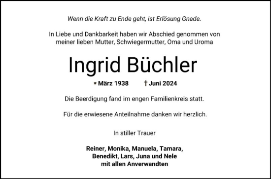Traueranzeige von Ingrid Büchler von Bergsträßer Anzeiger