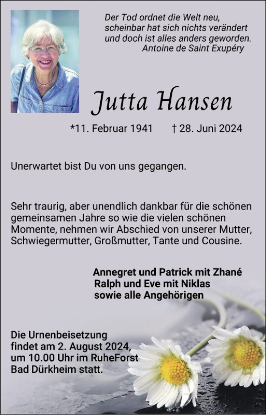 Traueranzeige von Jutta Hansen von Schwetzinger Zeitung