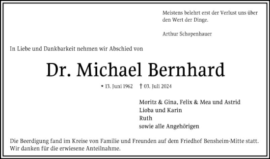 Traueranzeige von Michael Bernhard von Bergsträßer Anzeiger