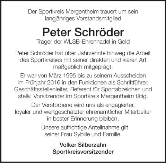 Traueranzeige von Peter Schröder von Fränkische Nachrichten