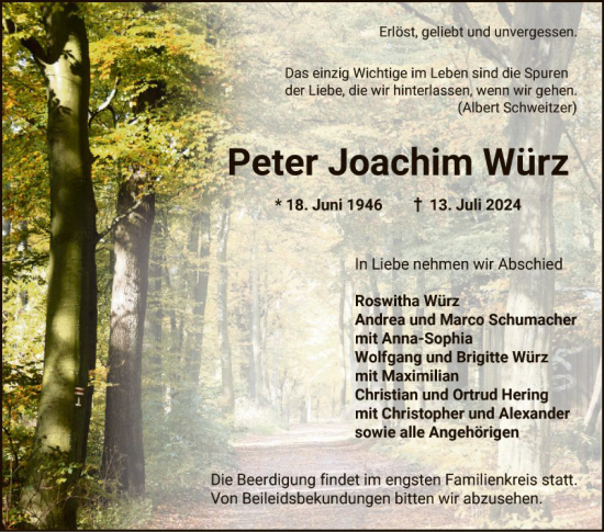 Traueranzeige von Peter Joachim Würz von Mannheimer Morgen