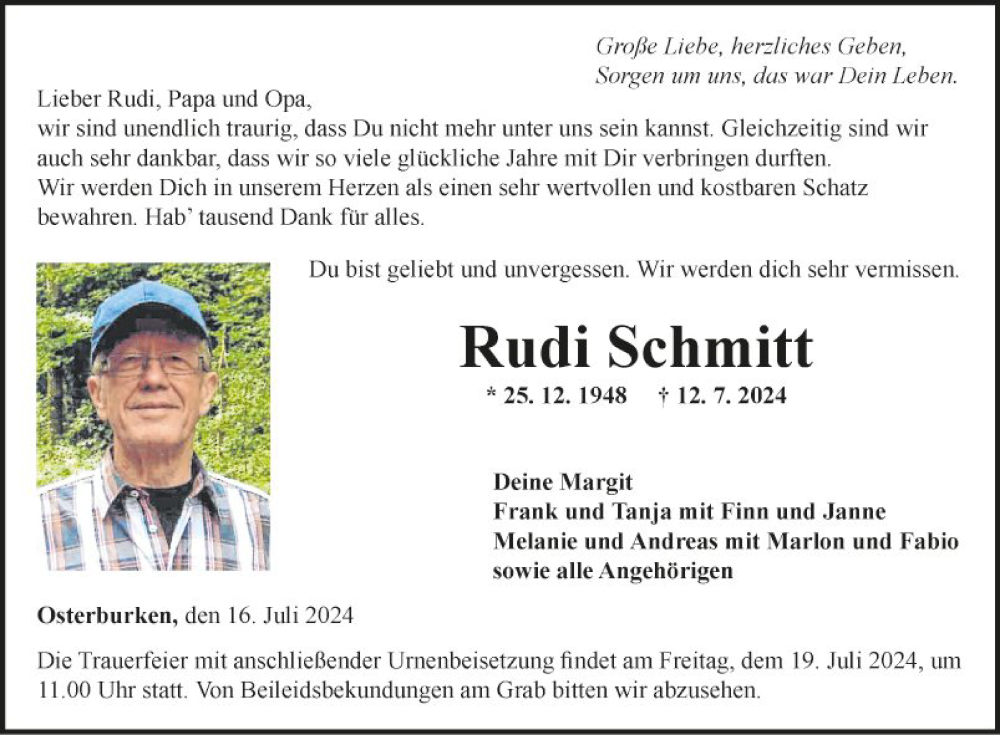  Traueranzeige für Rudi Schmitt vom 16.07.2024 aus Fränkische Nachrichten