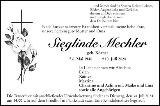 Traueranzeige von Sieglinde Mechler von Schwetzinger Zeitung