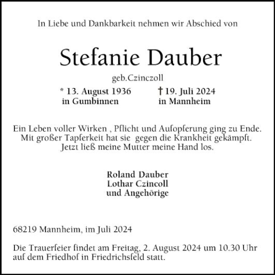 Traueranzeige von Stefanie Dauber von Mannheimer Morgen