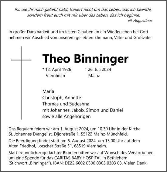 Traueranzeige von Theo Binninger von Mannheimer Morgen