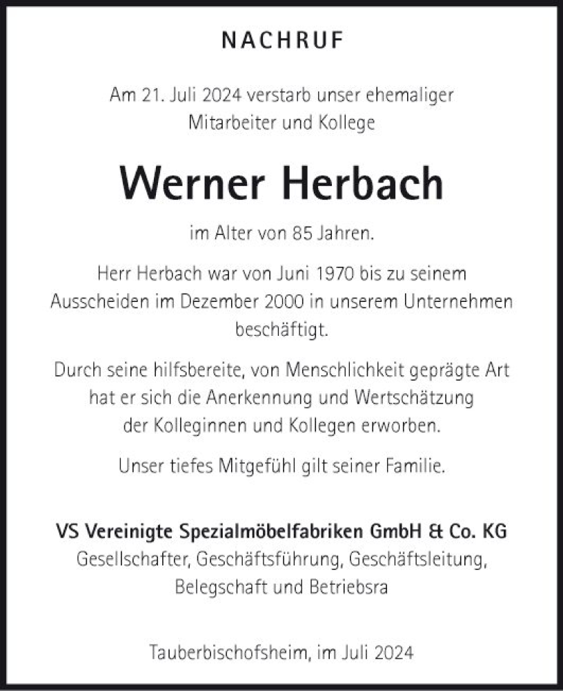  Traueranzeige für Werner Herbach vom 30.07.2024 aus Fränkische Nachrichten