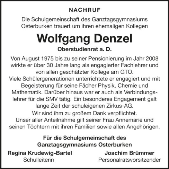 Traueranzeige von Wolfgang Denzel von Fränkische Nachrichten
