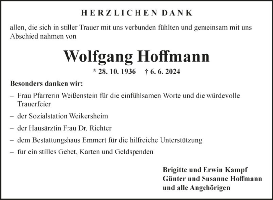 Traueranzeige von Wolfgang Hoffmann von Fränkische Nachrichten