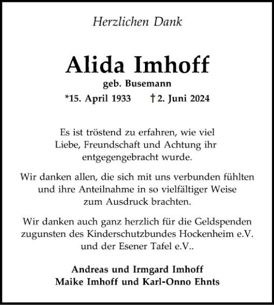 Traueranzeige von Alida Imhoff von Schwetzinger Zeitung