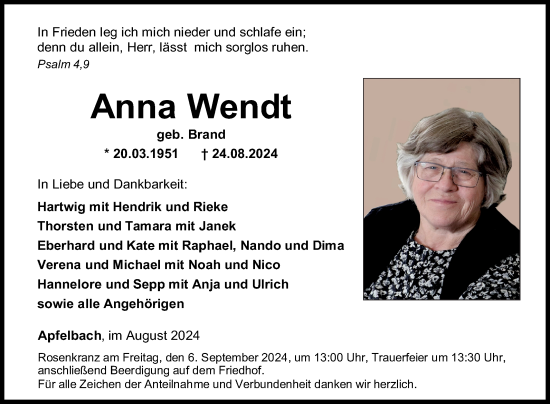 Traueranzeige von Anna Wendt von Fränkische Nachrichten