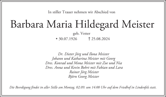 Traueranzeige von Barbara Maria Hildegard Meister von Bergsträßer Anzeiger