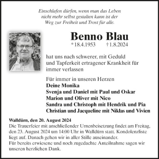 Traueranzeige von Benno Blau von Fränkische Nachrichten