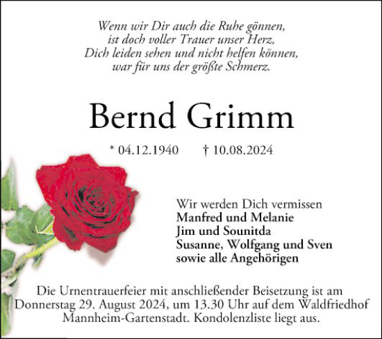 Traueranzeige von Bernd Grimm von Mannheimer Morgen