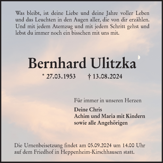 Traueranzeige von Bernhard Ulitzka von Bergsträßer Anzeiger