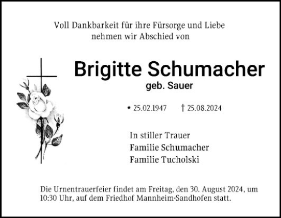 Traueranzeige von Brigitte Schumacher von Mannheimer Morgen