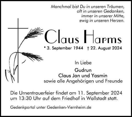 Traueranzeige von Claus Harms von Mannheimer Morgen