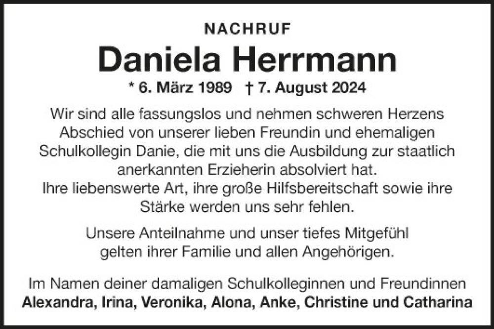  Traueranzeige für Daniela Herrmann vom 27.08.2024 aus Fränkische Nachrichten