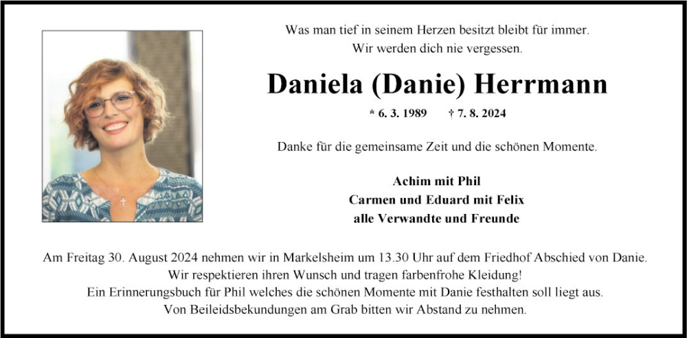  Traueranzeige für Daniela Herrmann vom 23.08.2024 aus Fränkische Nachrichten