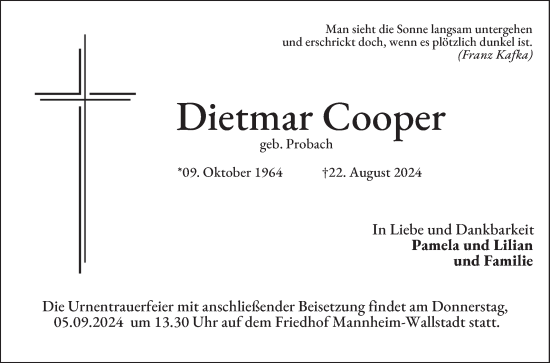 Traueranzeige von Dietmar Cooper von Mannheimer Morgen