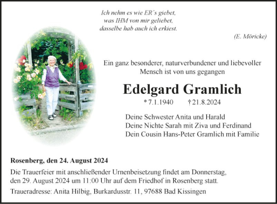 Traueranzeige von Edelgard Gramlich von Fränkische Nachrichten