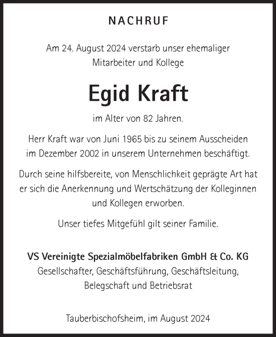 Traueranzeige von Egid Kraft von Fränkische Nachrichten