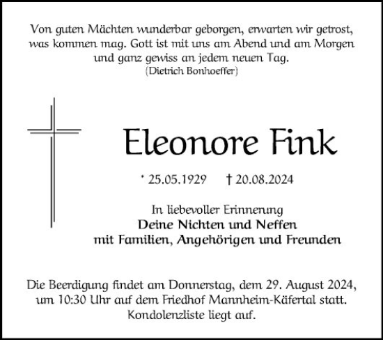 Traueranzeige von Eleonore Fink von Mannheimer Morgen