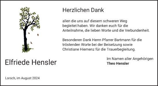 Traueranzeige von Elfriede Hensler von Bergsträßer Anzeiger