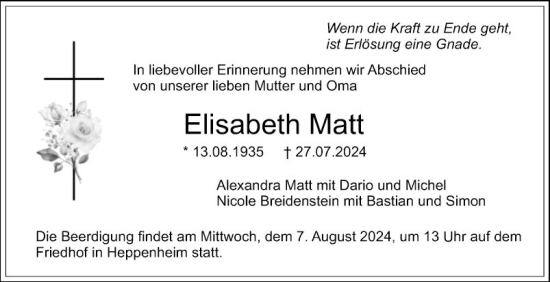 Traueranzeige von Elisabeth Matt von Bergsträßer Anzeiger