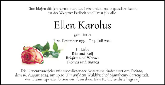 Traueranzeige von Ellen Karolus von Mannheimer Morgen