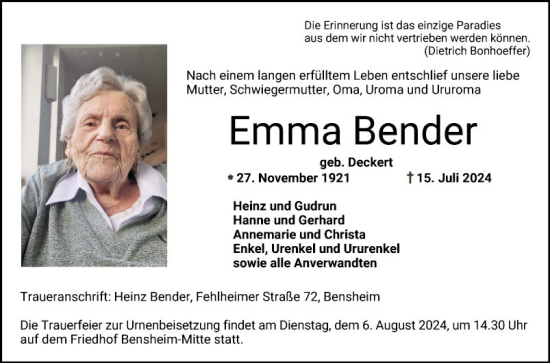 Traueranzeige von Emma Bender von Bergsträßer Anzeiger