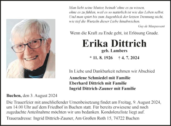 Traueranzeige von Erika Dittrich von Fränkische Nachrichten