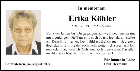 Traueranzeige von Erika Köhler von Fränkische Nachrichten