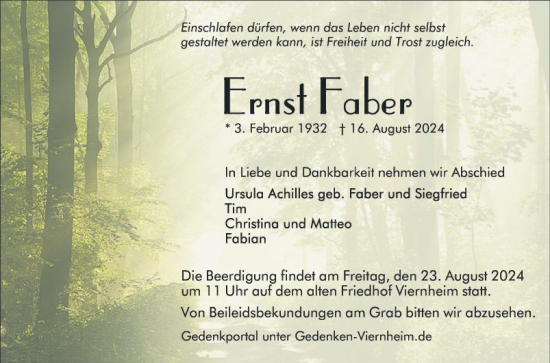 Traueranzeige von Ernst Faber von Mannheimer Morgen